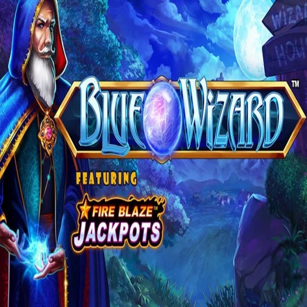 Blue Wizard Fire Blaze Jackpots slot logo by Rarestone Gaming at God of Casino
