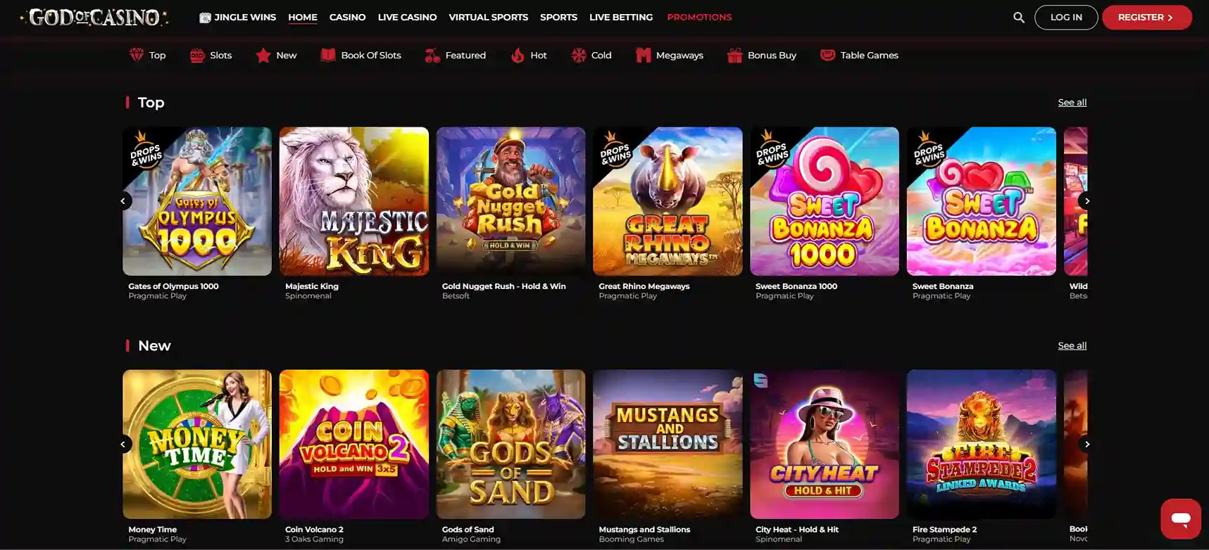 Αρχική σελίδα God of Casino με δημοφιλή φρουτάκια, νέες κυκλοφορίες και προωθήσεις καζίνο